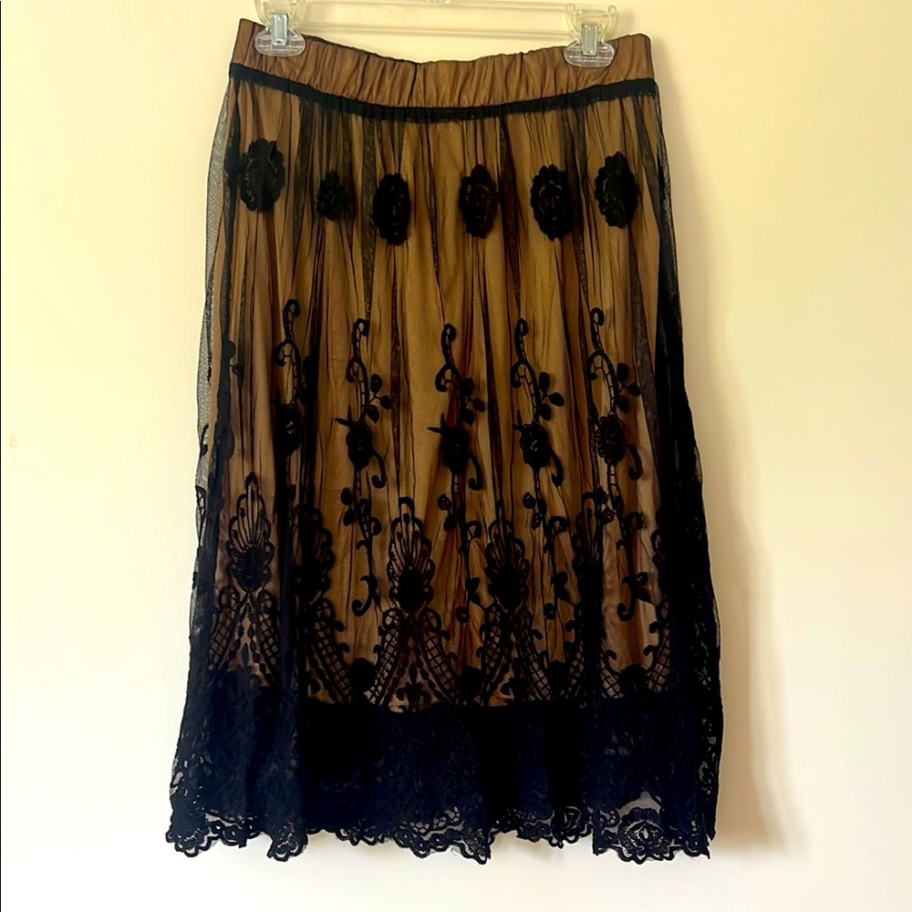 Lapis Black and Brown Floral A-Line Skirt